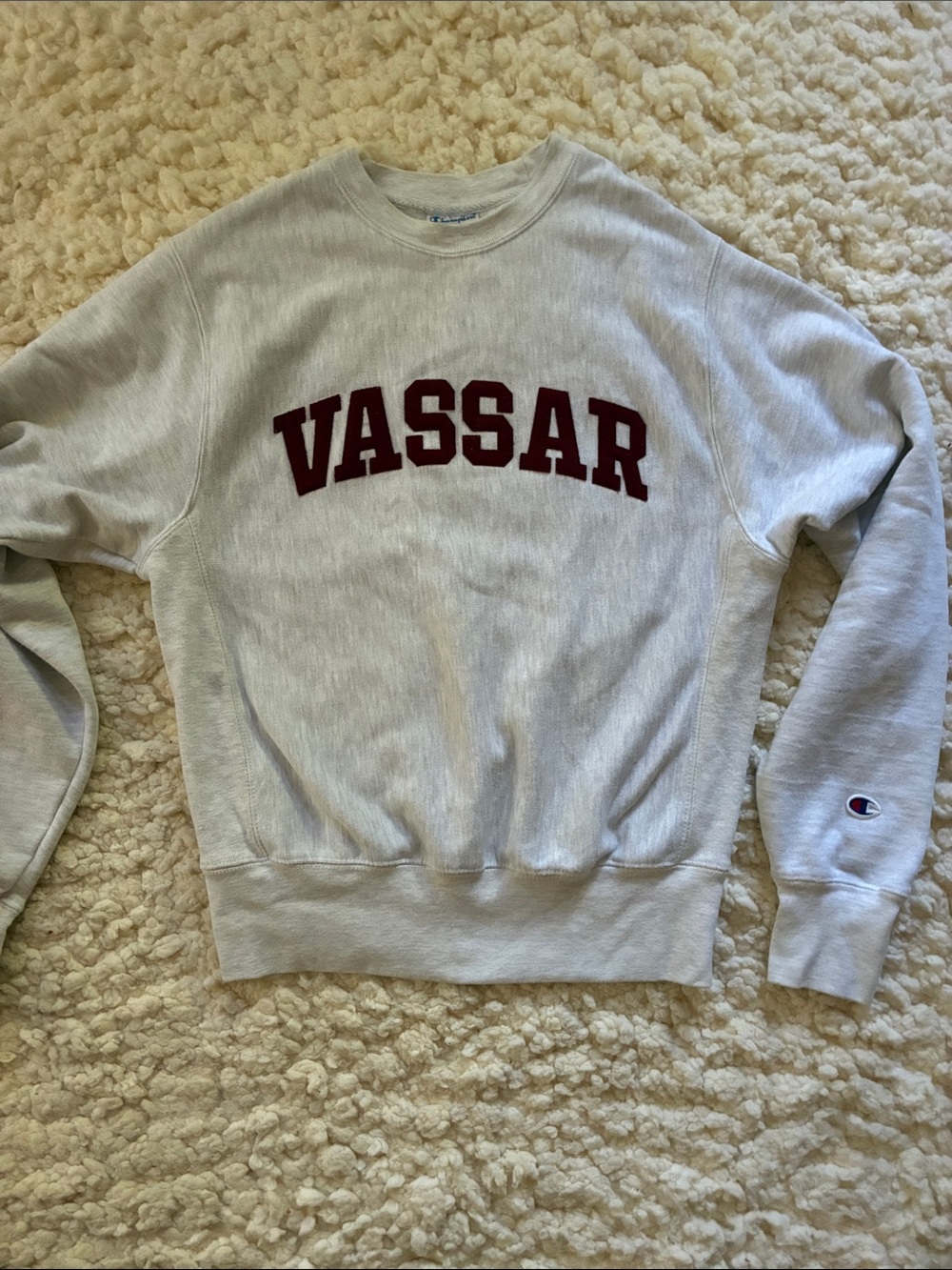 Vintage Champion Crewneck Sweatshirt in Light Gray with Maroon felt  VASSAR Arch